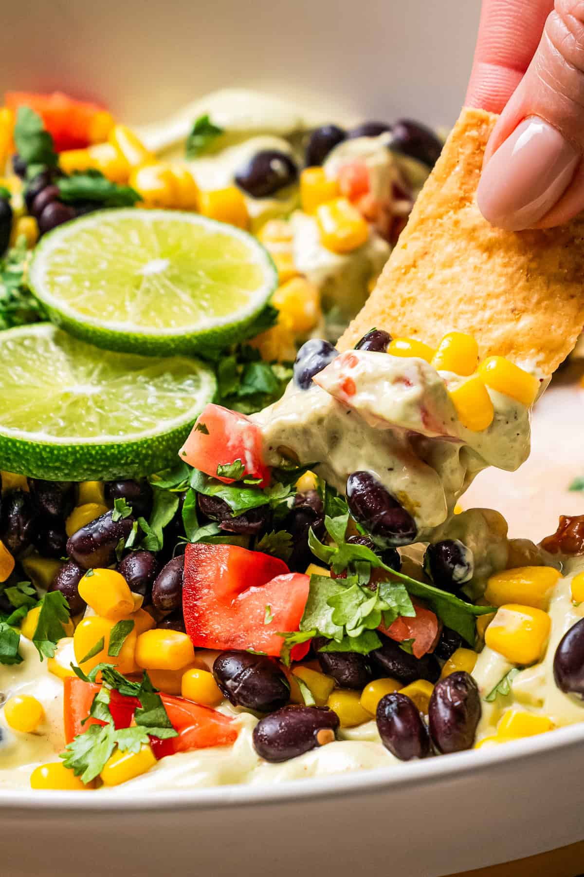 This Southwest avocado dip layers creamy avocado crema with a zesty mix of black beans, sweet corn, and tomatoes. Great with chips or veggies! Scooping up avocado dip with a tortilla chip.