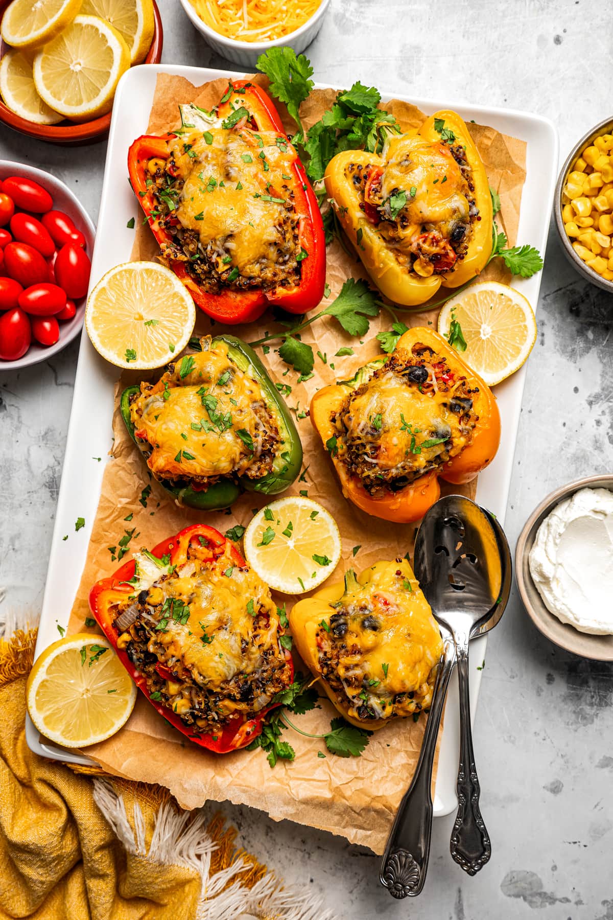 Overhead image of Southwestern quinoa stuffed peppers served on a platter.