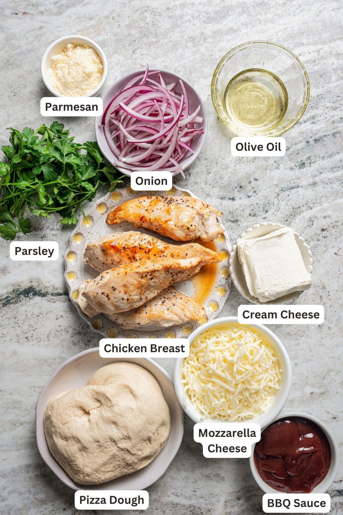 Ingredients for BBQ chicken pizza with text labels overlaying each ingredient.