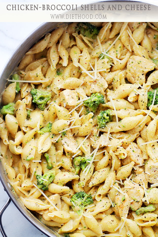 Chicken-Broccoli Shells and Cheese | www.diethood.com | Homemade, healthier shells and cheese, tossed with chicken and broccoli florets. | #pasta #chicken #recipes
