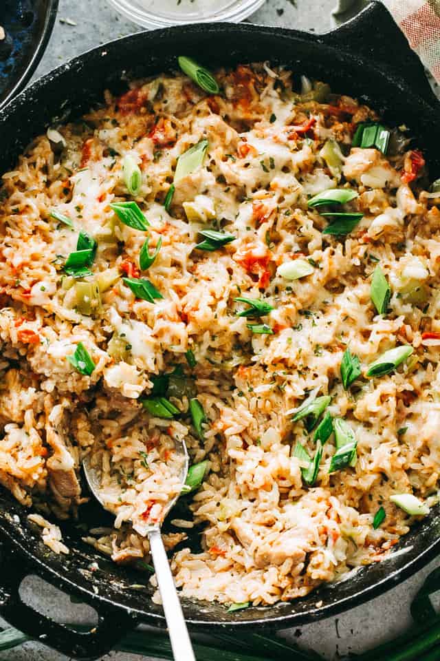 Chicken, Rice and Vegetables cooking in a skillet.