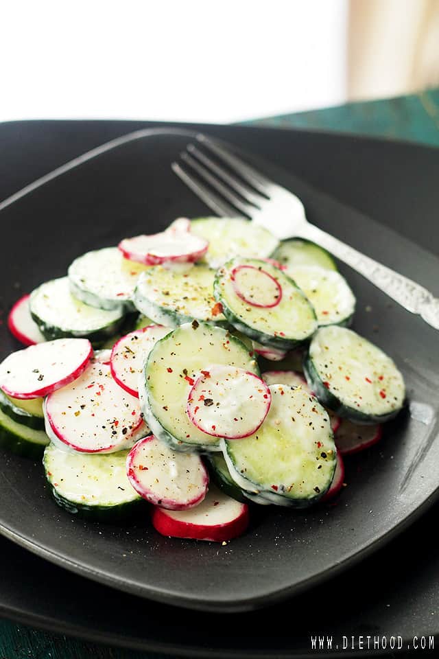 Radish and Cucumber Salad with Garlic-Yogurt Dressing | www.diethood.com | Deliciously crunchy slices of cucumbers and radishes tossed with a Garlic-Yogurt Dressing. | #salad #recipes