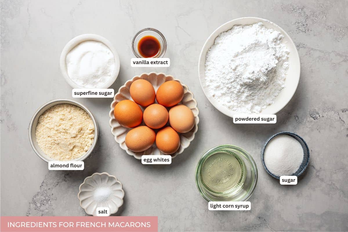 French macarons ingredients with text overlaying each ingredient.