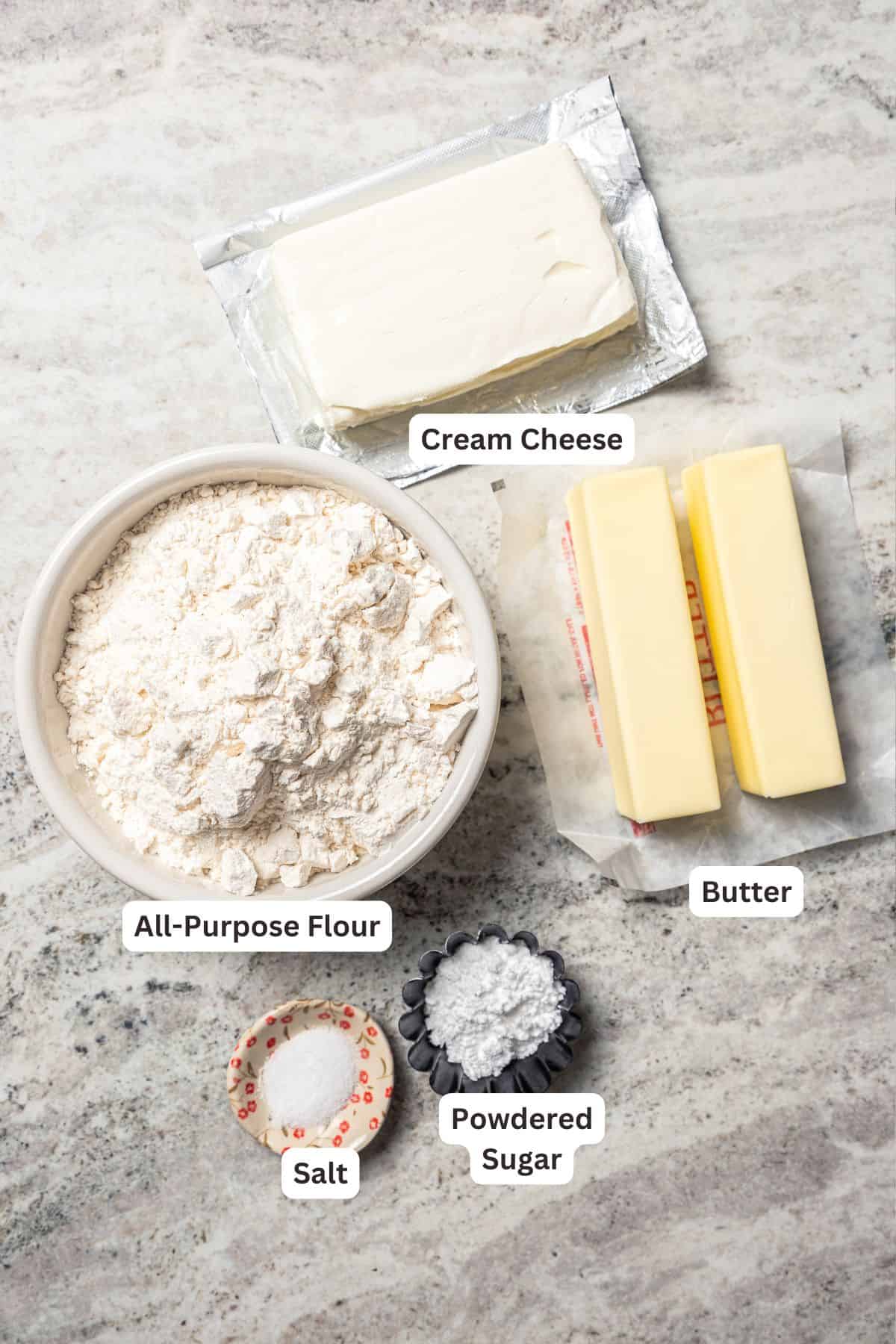 Kolacky dough ingredients with text labels overlaying each ingredient.