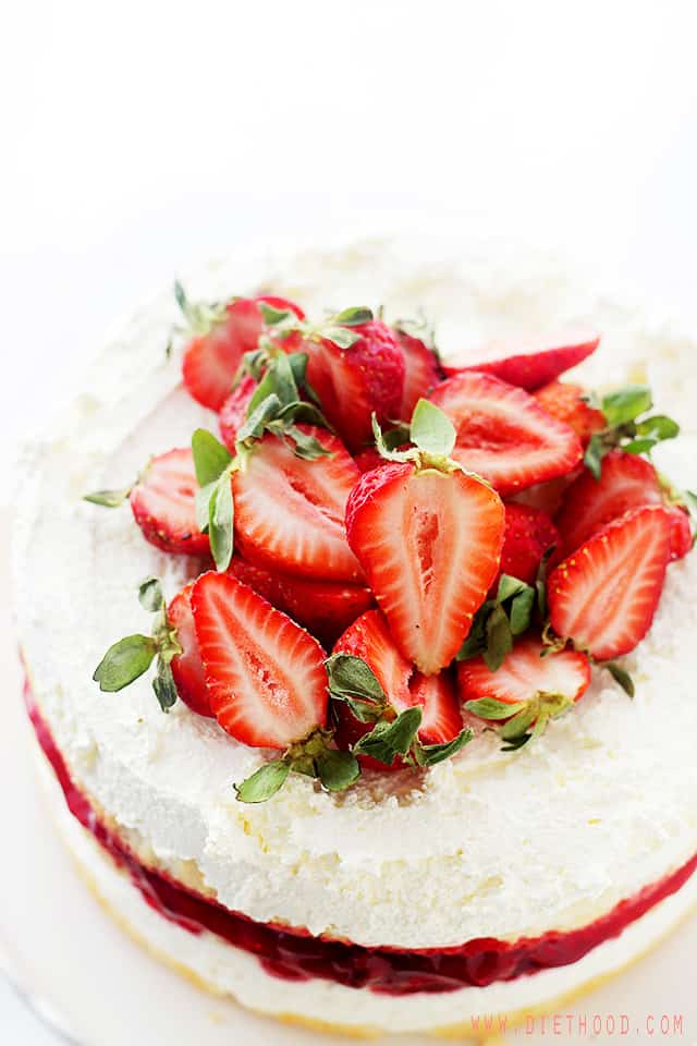 Strawberry Shortcake Cake | www.diethood.com | Layers of moist, buttery cake filled with strawberry pie filling and whipped cream frosting. | #recipes #cake #strawberries