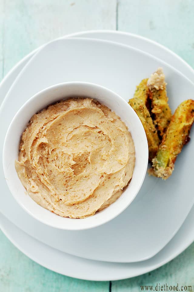 Baked "Fried" Pickles with Peanut Butter Frosting Dip | www.diethood.com | Batter-crusted dill pickles baked in the oven until golden and crunchy. | #recipe #friedpickles #peanutbutter