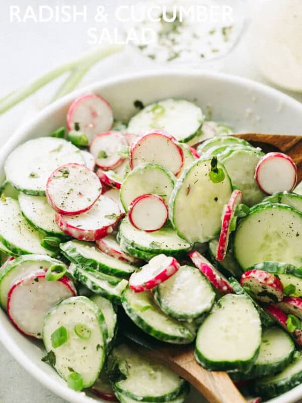 Radish and Cucumber Salad with Garlic-Yogurt Dressing: Deliciously crunchy slices of cucumbers and radishes tossed with a creamy and garlicky yogurt dressing.