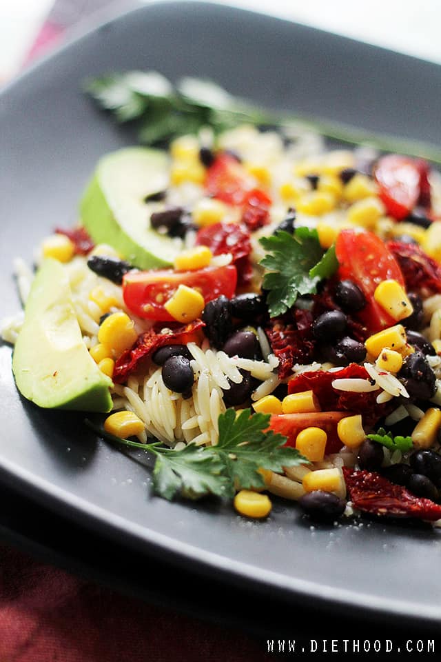 Southwestern Orzo Salad | www.diethood.com | Orzo Pasta mixed with sweet corn, black beans, tomatoes, avocado, and tossed with a simple and delicious Lemon Vinaigrette. | #orzosalad #appetizersalads #avocado #summersalads