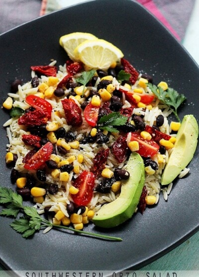 Southwestern Orzo Salad | www.diethood.com | Orzo Pasta mixed with sweet corn, black beans, tomatoes, avocado, and tossed with a simple and delicious Lemon Vinaigrette. | #orzosalad #appetizersalads #avocado #summersalads