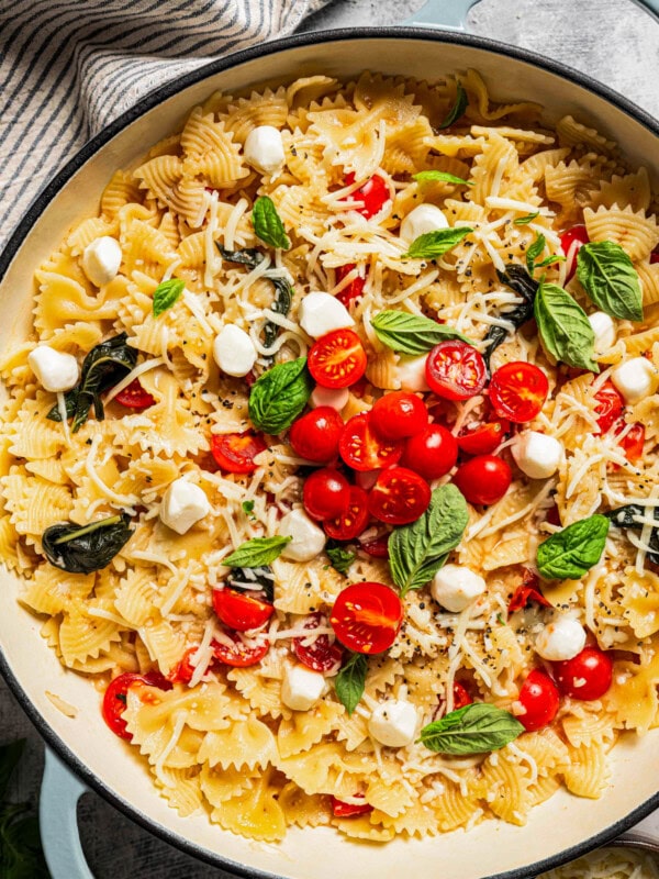 A pot of bow-tie pasta topped with cherry tomatoes, basil leaves, and fresh mozzarella balls.