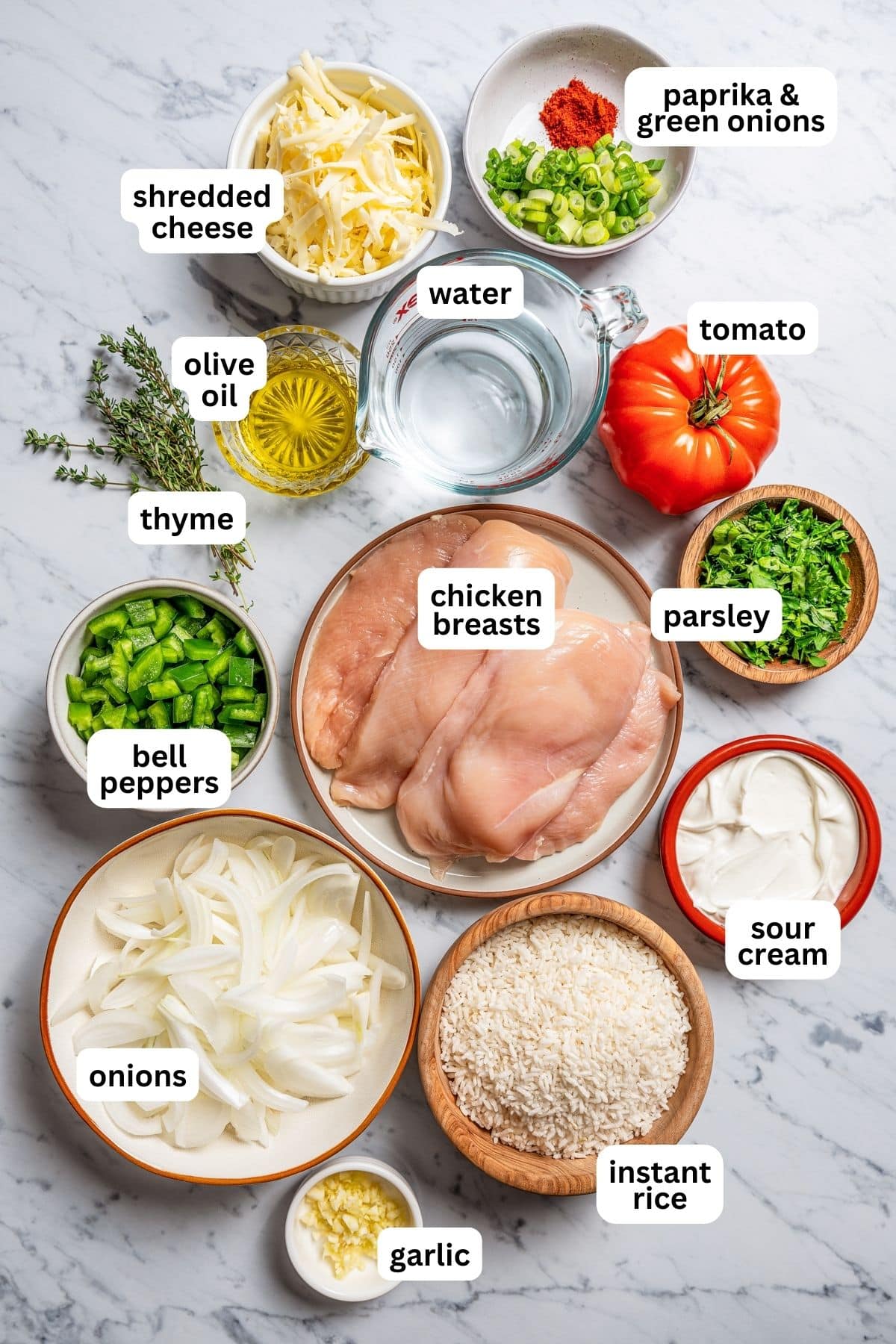 Image of all the ingredients used for Chicken Rice Skillet.