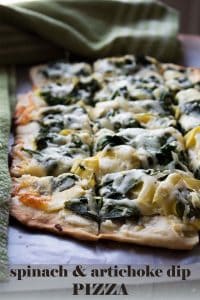 Spinach and Artichoke Dip Pizza - Homemade pizza crust topped with the best combination for dip including, cream cheese, spinach, and artichokes.