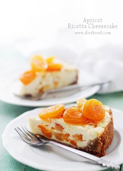 Apricot Ricotta Cheesecake | www.diethood.com |This light and fluffy Ricotta Cheesecake is sweetened with honey and packed with delicious chunks of apricots. | #recipe #cheesecake #nationalcheesecakeday