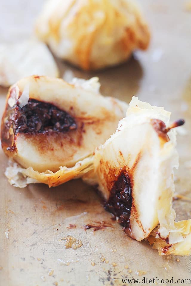 Phyllo-Wrapped Chocolate Pear Dumplings | www.diethood.com | These beautiful pears are stuffed with a chocolate-walnut mixture, and wrapped in crispy, flaky phyllo dough sheets. | #chocolate #recipes #chocolateparty