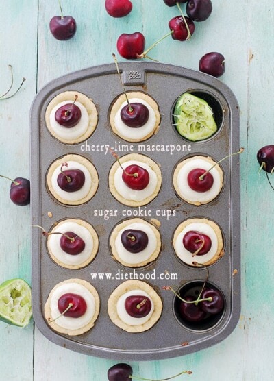Cherry-Lime Mascarpone Cookie Cups | www.diethood.com | Sugar-cookie dough baked into a cup and filled with a creamy mascarpone mixture made with cherry liqueur and lime juice. | #recipe #dessert