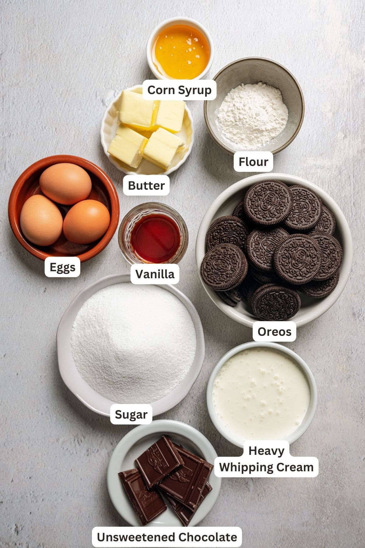 Ingredients for Mississippi mud pie with text labels overlaying each ingredient.