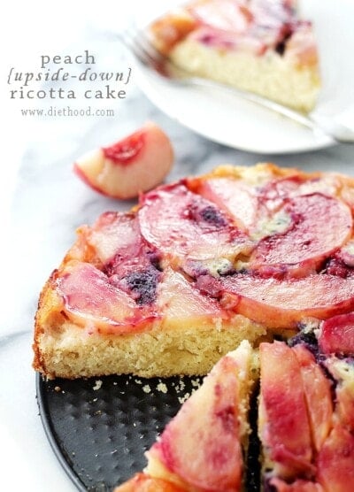 Peach Upside-Down Ricotta Cake | www.diethood.com | Fluffy and delicious, lightened-up upside-down cake made with ricotta cheese and fresh peaches. | #recipe #upsidedowncake #peaches