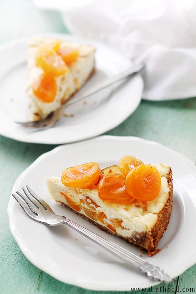 Apricot Ricotta Cheesecake | www.diethood.com |This light and fluffy Ricotta Cheesecake is sweetened with honey and packed with delicious chunks of apricots. | #recipe #cheesecake #nationalcheesecakeday