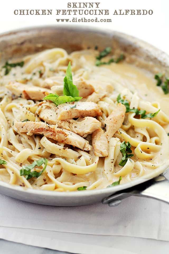 Chicken Fettuccine with Alfredo Sauce in a frying pan