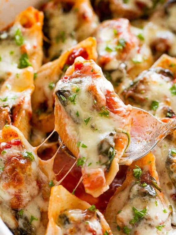 Pasta Shells stuffed with spinach, mushrooms, and tomatoes