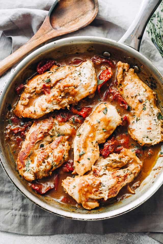 Overhead image of a skillet with Sun Dried Tomato Chicken.