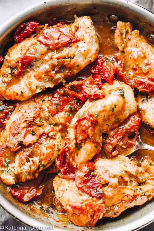 Close-up overhead image of chicken breasts simmering in sun-dried tomato sauce.