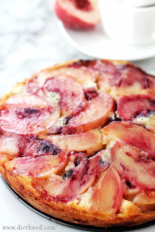 Peach Upside-Down Ricotta Cake | www.diethood.com | Fluffy and delicious, lightened-up upside-down cake made with ricotta cheese and fresh peaches. | #recipe #upsidedowncake #peaches