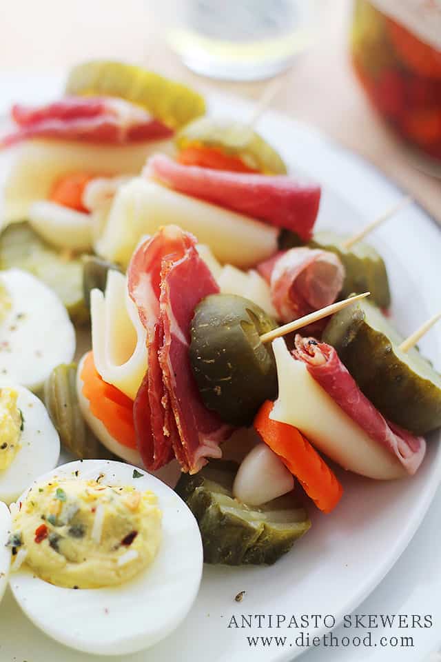 Deviled Eggs and Antipasto Skewers | www.diethood.com | Delicious, crowd-pleasing appetizers!