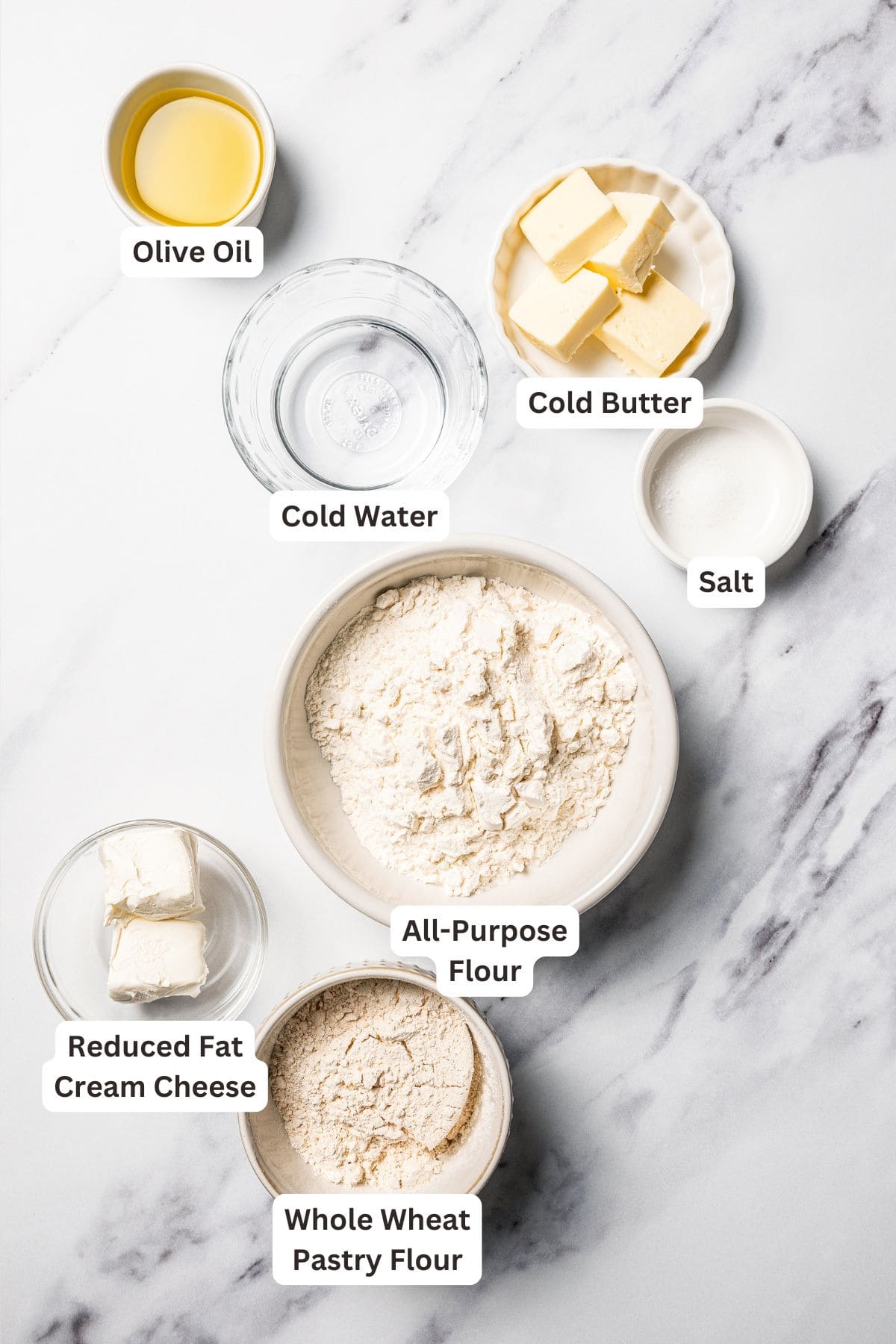 This apple pie cake has juicy caramel apples layered into a buttery crust, baked beneath a soft, sweet cake layer. It's easier than pie! Pie crust ingredients with text labels overlaying each ingredient.