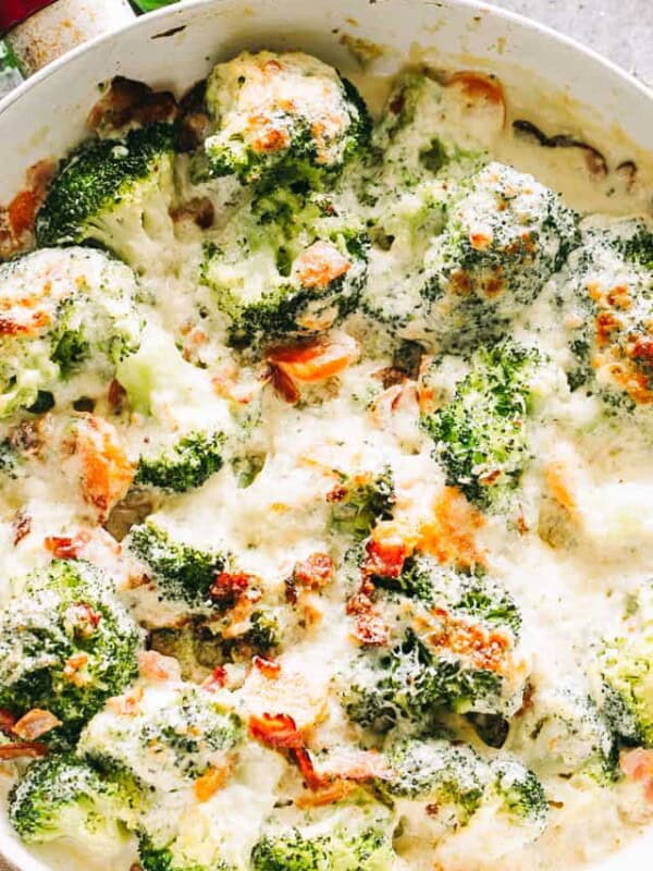 Creamy Broccoli and Cheese with Bacon - Cheesy broccoli and crispy bacon baked in a creamy, deliciously flavorful cheese sauce!