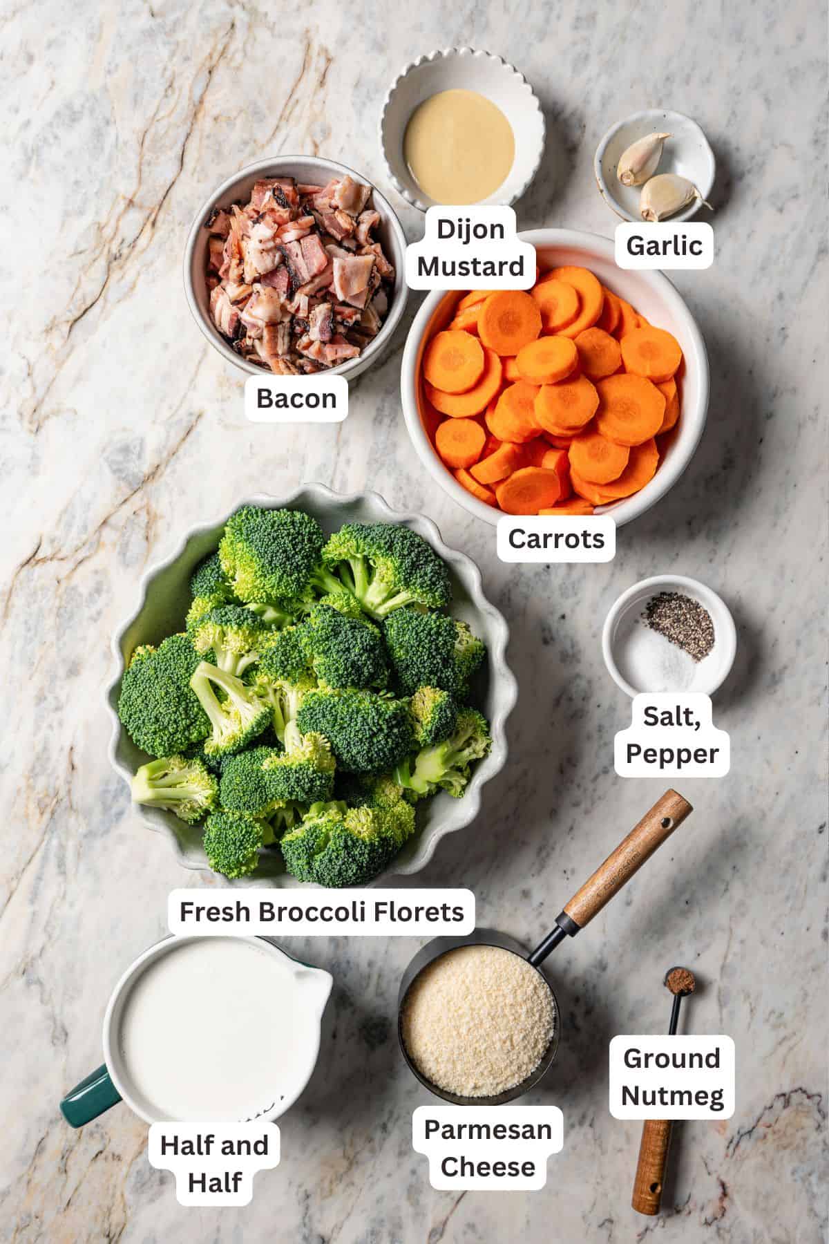 Ingredients for broccoli and cheese with text labels overlaying each ingredient.