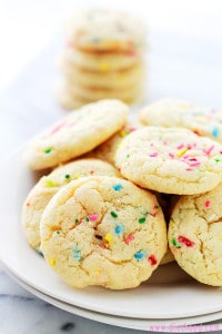 Cake Batter Funfetti Cookies arranged on a white plate.