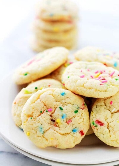 Cake Batter Funfetti Cookies arranged on a white plate.