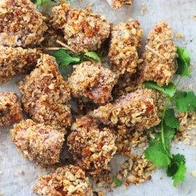 Tortilla Chips and Pecans-Crusted Chicken Nuggets | www.diethood.com | Baked, healthier chicken nuggets covered in a delicious and crunchy mixture made with tortilla chips and pecans.