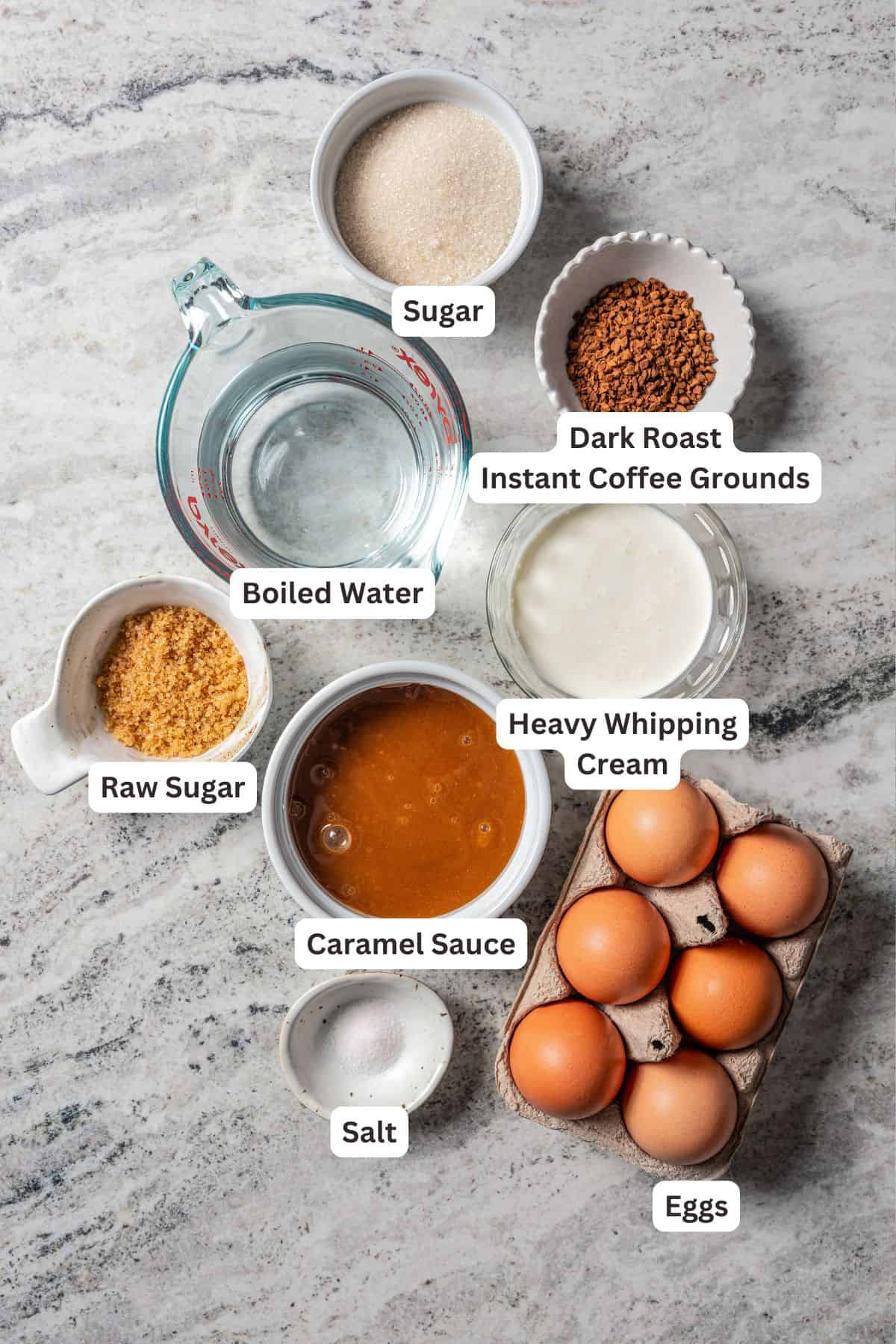 Coffee crème brûlée ingredients with text labels overlaying each ingredient.