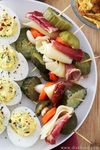 Dill Pickle Deviled Eggs and Antipasto Skewers Recipe | Diethood