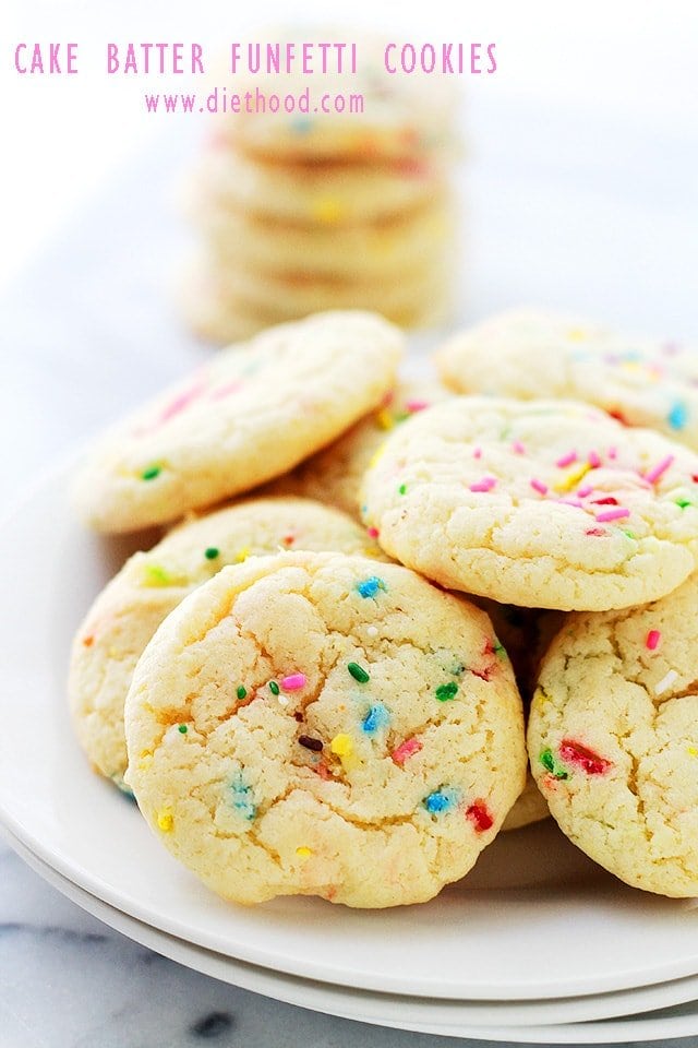 Cake Batter Funfetti Cookies arranged on a white plate.