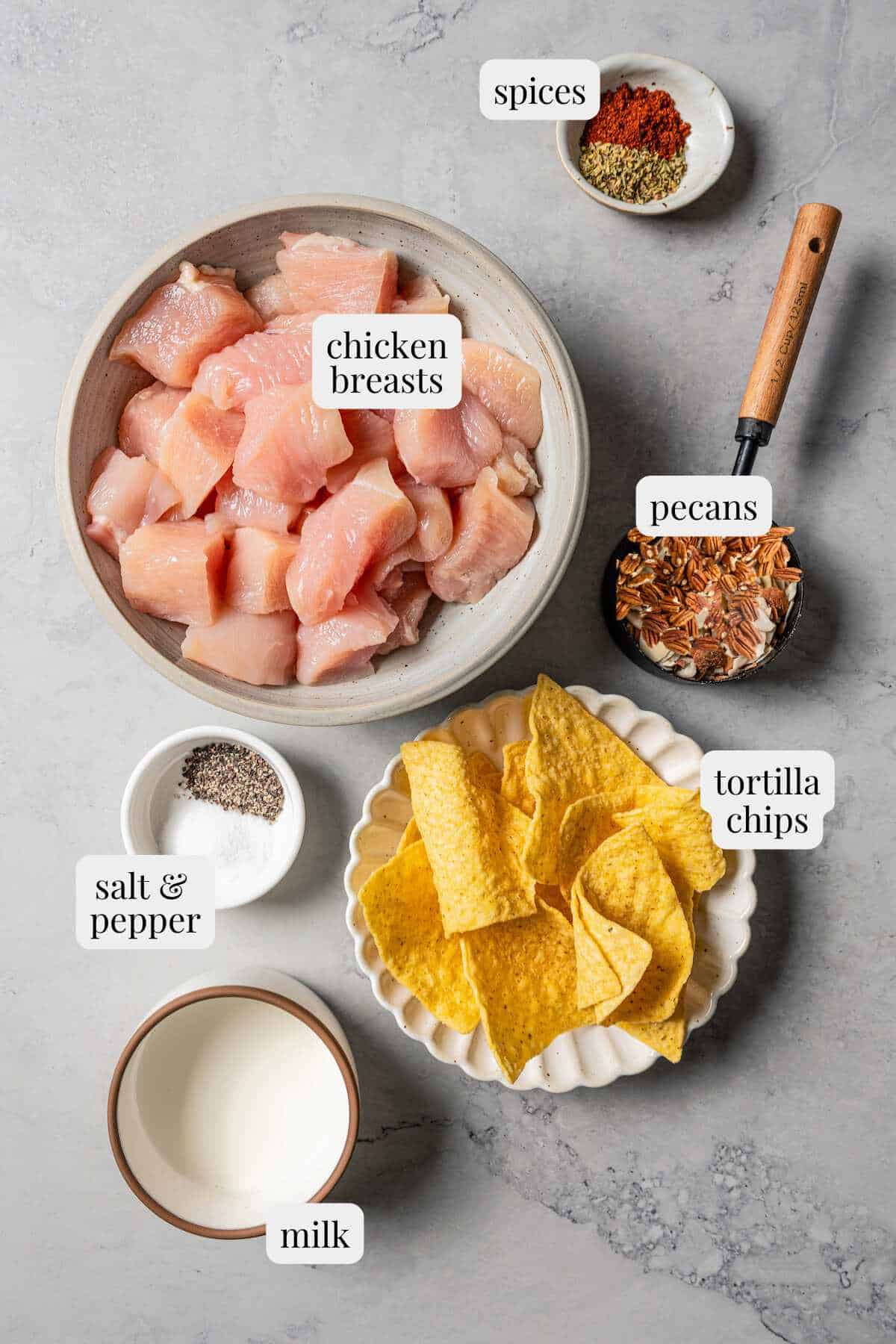 Pecan crusted chicken ingredients with text labels over each ingredient.