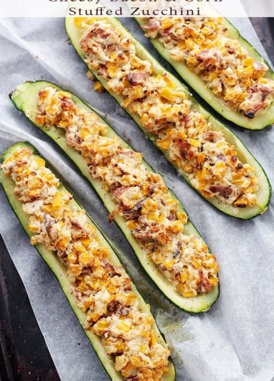 Cheesy Bacon and Corn Stuffed Zucchini | www.diethood.com | Zucchini halves stuffed with an insanely delicious mixture of cheese, bacon and corn!