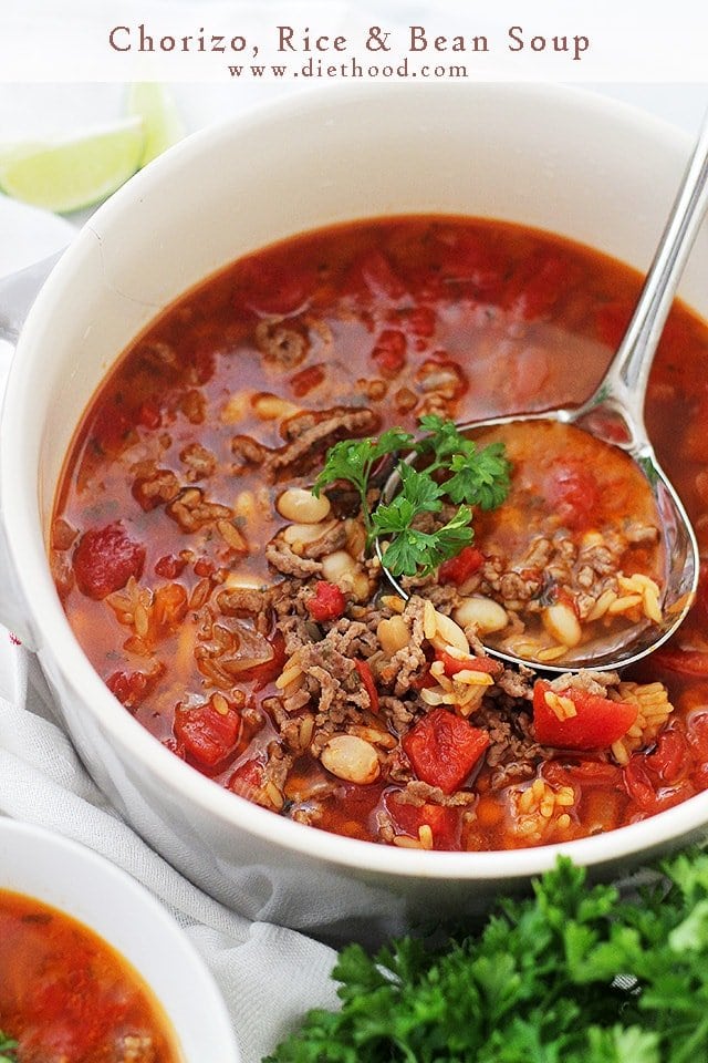 chorizo rice and beans soup in a soup pot