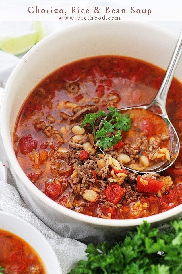 Chorizo, Rice and Bean Soup | www.diethood.com | Spicy chorizo sausage adds amazing flavor to this easy, warm and comforting Bean Soup.