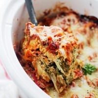 Spinach and Feta Crock Pot Lasagna | www.diethood.com | Layers of spinach, feta and light ricotta nestled between sheets of lasagna noodles. Place all the ingredients in the Crock Pot and walk away.