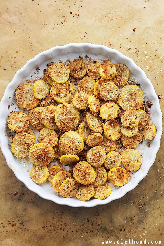 Yellow Squash Chips served in a white bowl.