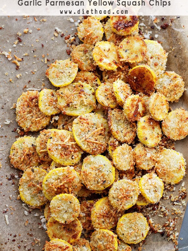 Garlic Parmesan Yellow Squash Chips | www.diethood.com | A healthy snack or appetizer that is incredibly flavorful, crispy, and absolutely delicious!