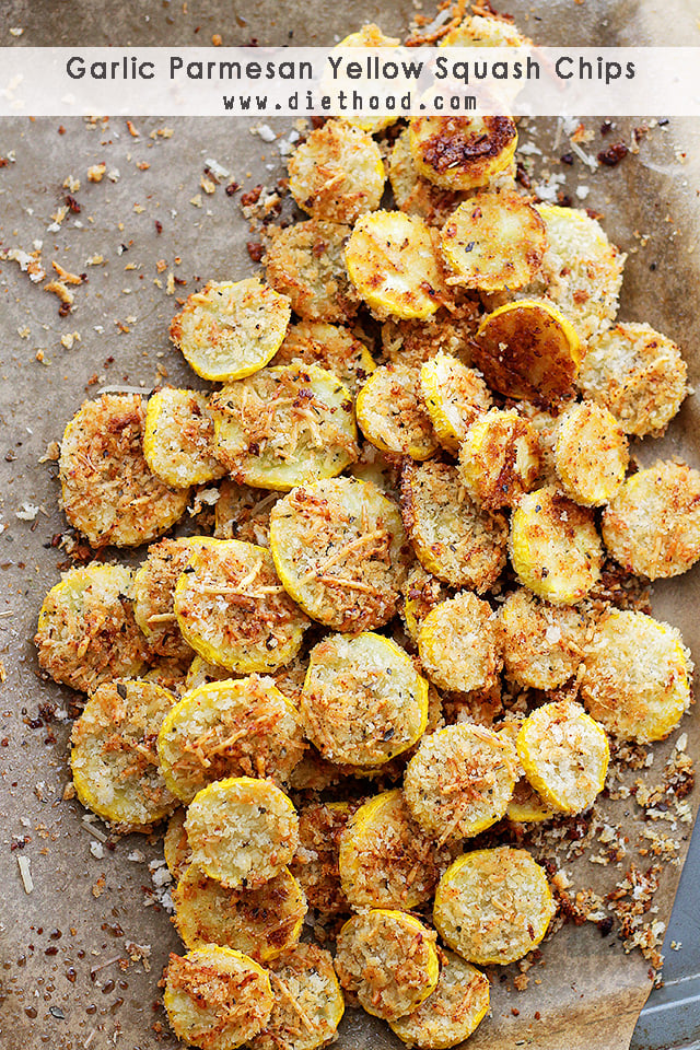 Garlic Parmesan Yellow Squash Chips arranged on a light brown backdrop.