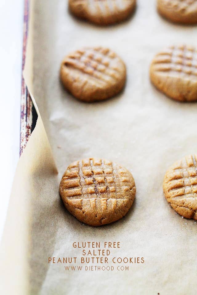 Gluten Free Salted Peanut Butter Cookies | www.diethood.com | Made with just a few ingredients, these Peanut Butter Cookies are fudgy, sweet & salty, gluten free and naturally sweetened!