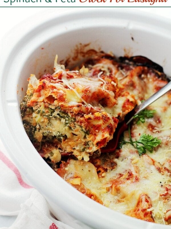 Spinach and Feta Crock Pot Lasagna | www.diethood.com | Layers of spinach, feta and light ricotta nestled between sheets of lasagna noodles. Place all the ingredients in the Crock Pot and walk away.