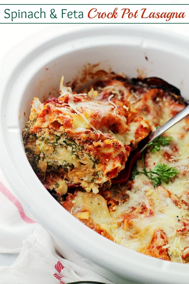 Spinach and Feta Crock Pot Lasagna | www.diethood.com | Layers of spinach, feta and light ricotta nestled between sheets of lasagna noodles. Place all the ingredients in the Crock Pot and walk away. 