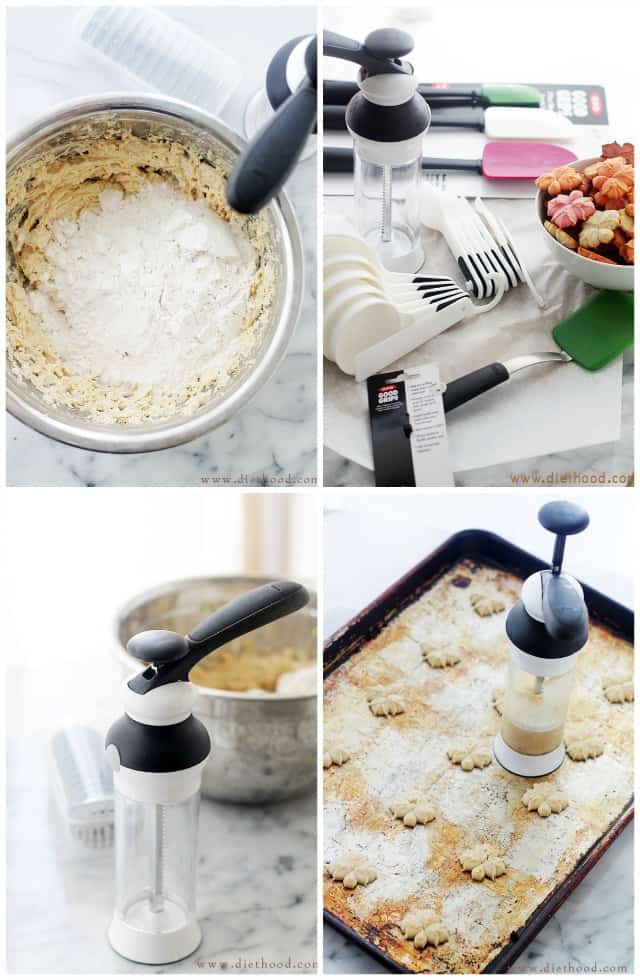 A collage of pictures showing a dough filled mixing bowl, press cookie tools, and cookies being pressed onto a baking pan