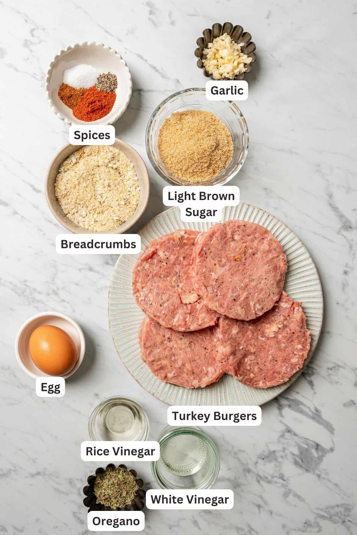 Ingredients for turkey meatballs with text labels overlaying each ingredient.